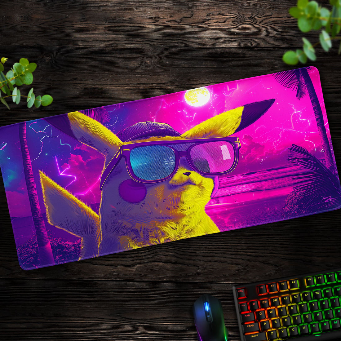 Retro Pikachu Neon Glow Desk Mat, Pokémon Mouse Pad