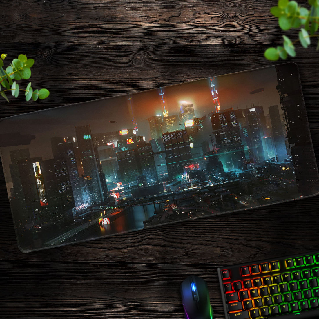 Night City Skyline Desk Mat, Cyberpunk Gaming Mouse Pad