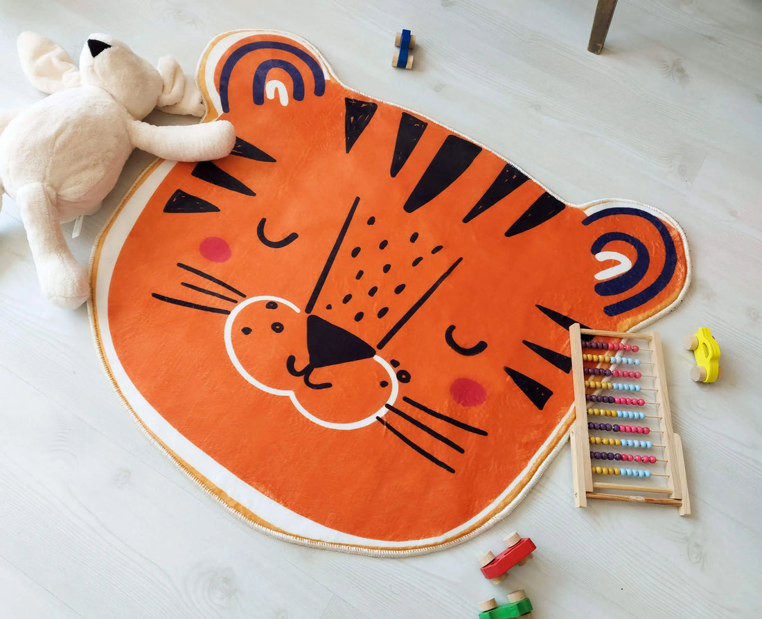 Orange Tiger Kids Area Rug, Playroom Decorative Carpet