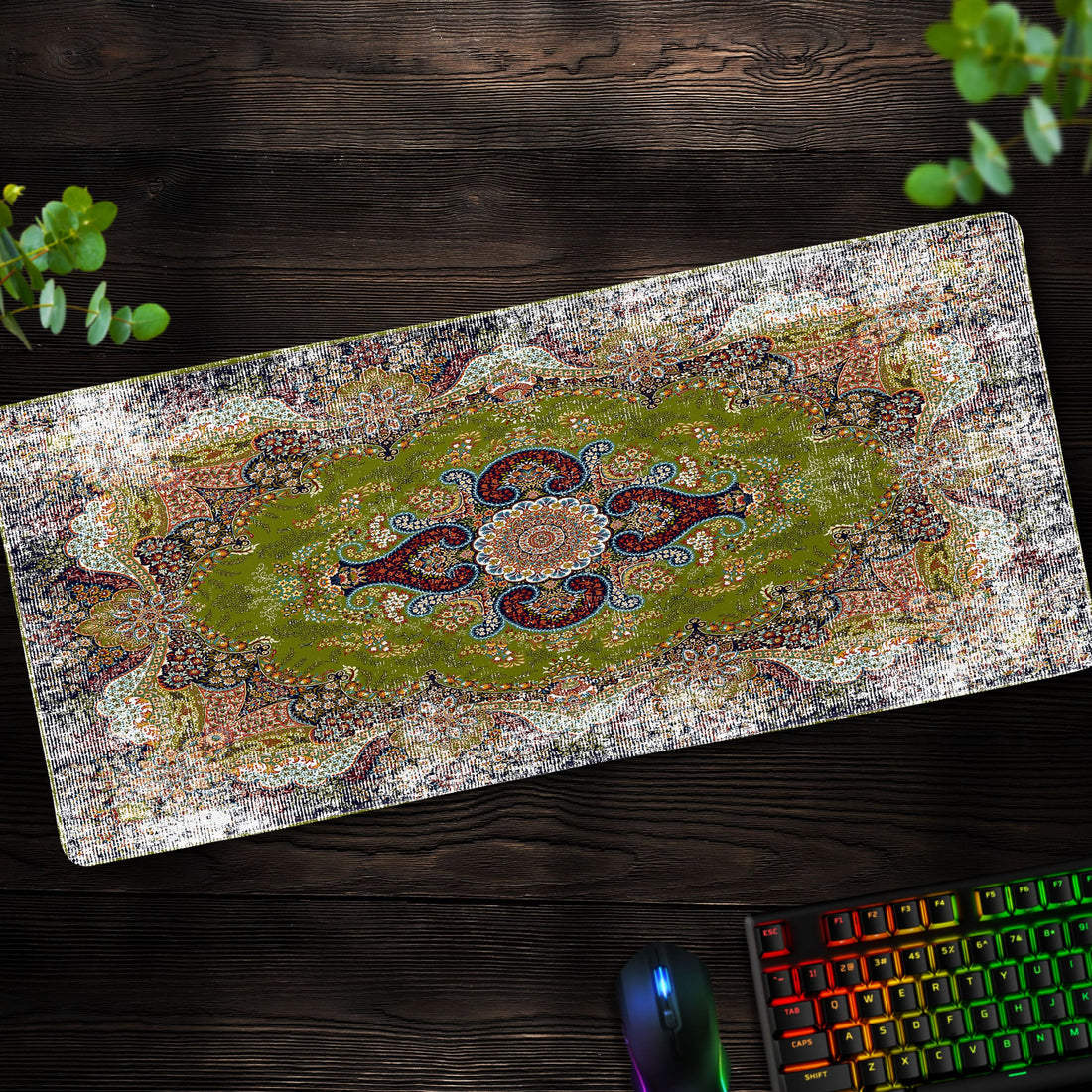 Green Persian Desk Mat, Oriental Rug Mouse Pad