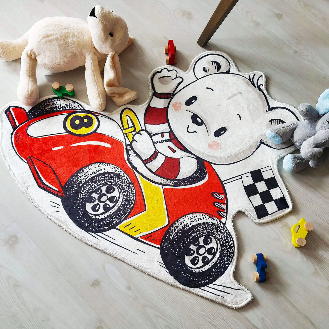 Racing Bear Kids Area Rug, Fun Decorative Carpet