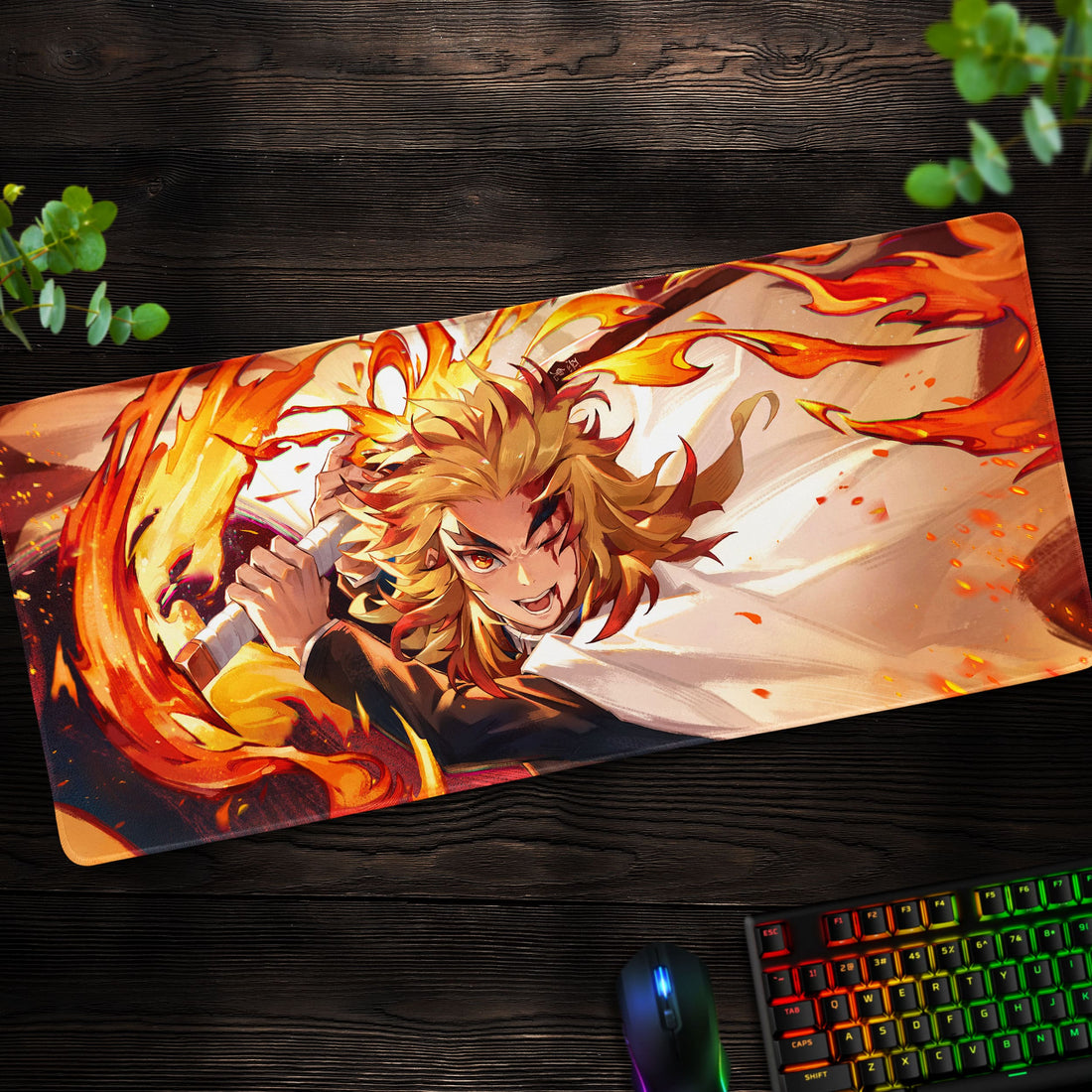 Rengoku Flame Fury Desk Mat, Demon Slayer Mouse Pad