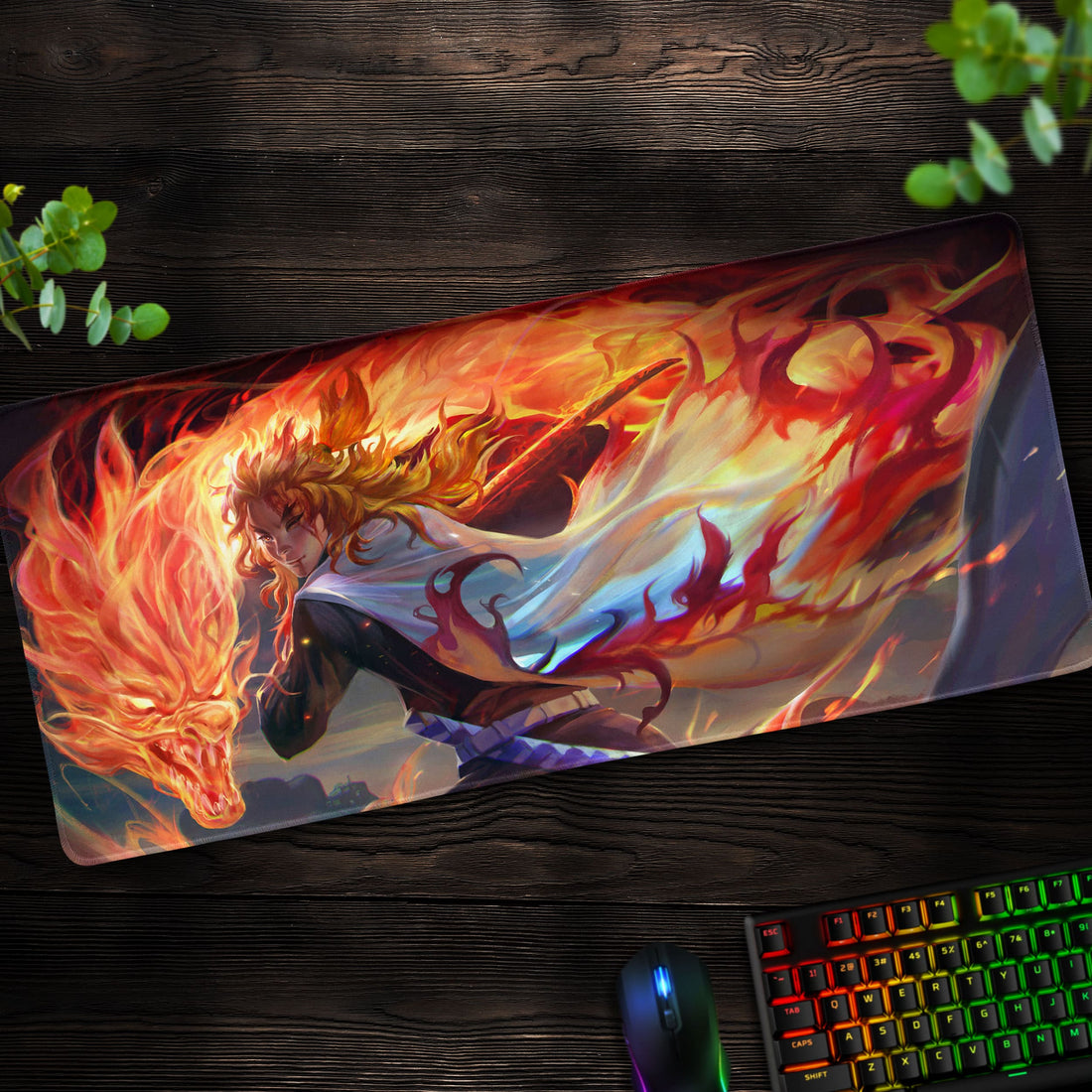 Rengoku Flame Spirit Desk Mat, Demon Slayer Mouse Pad