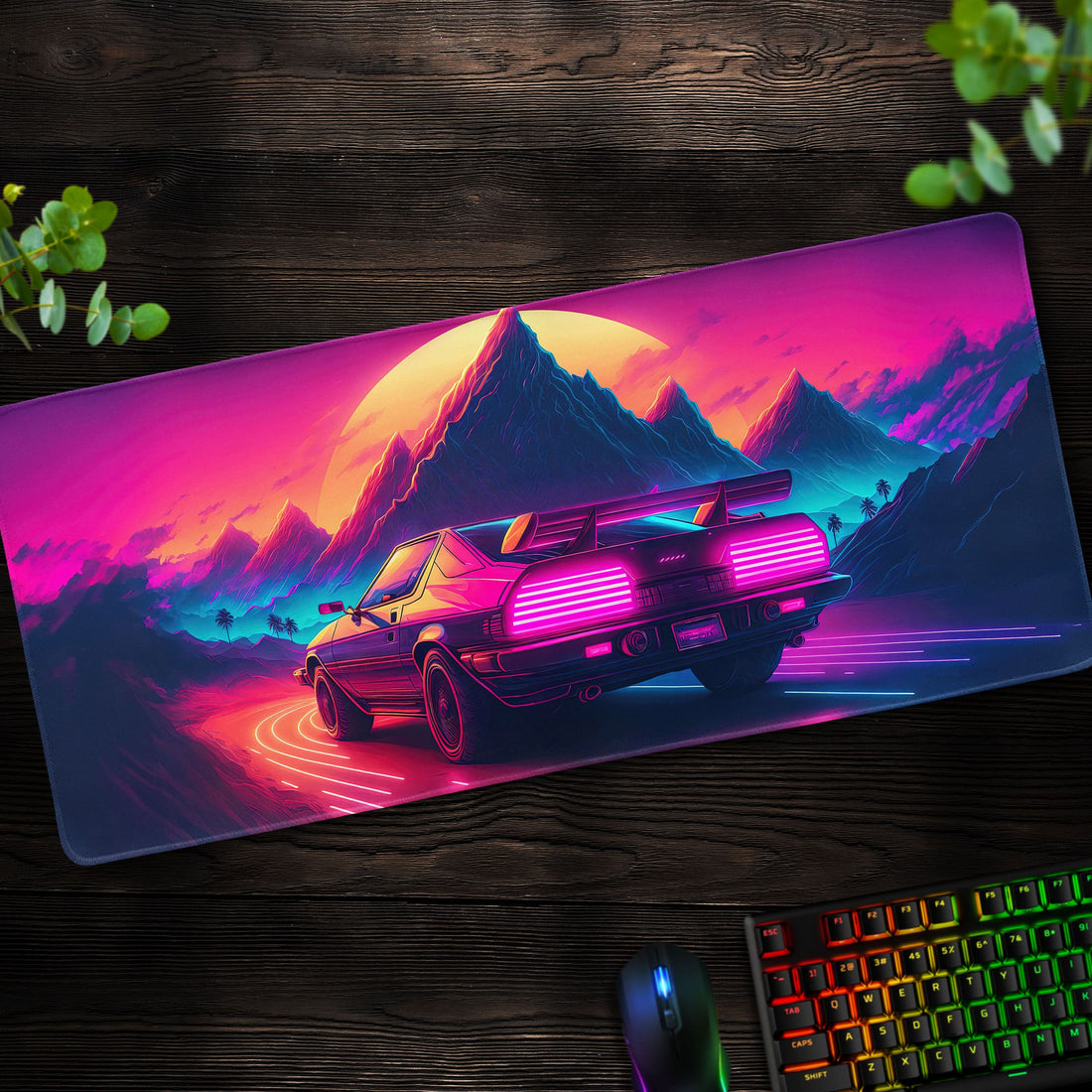 Retro Drive Desk Mat, Neon Car Mouse Pad