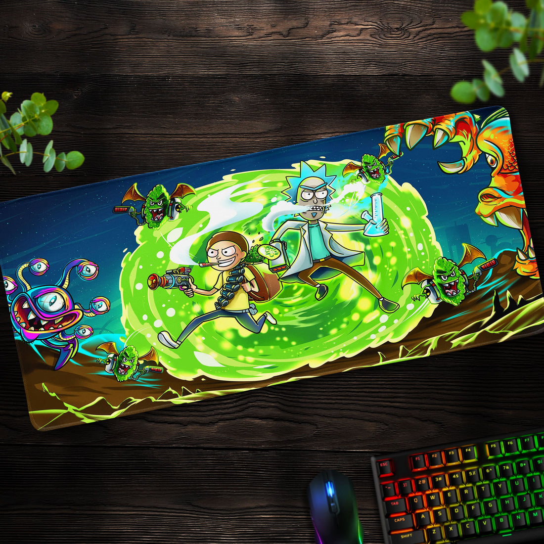 Rick and Morty Alien Escape Desk Mat, Green Portal Mouse Pad