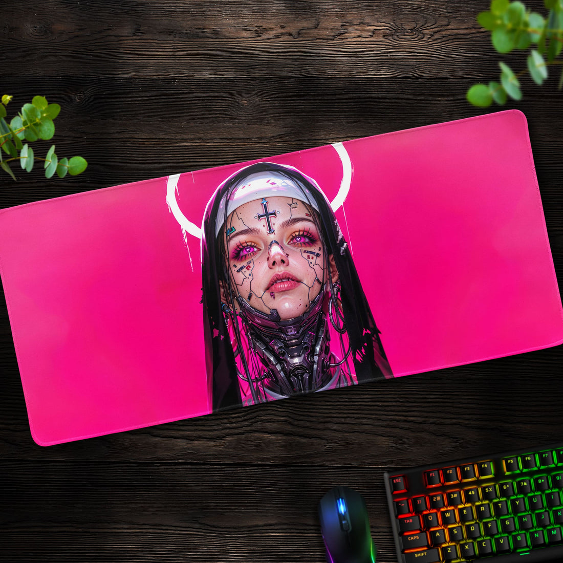 Cyberpunk Nun Desk Mat, Futuristic Pink Mouse Pad