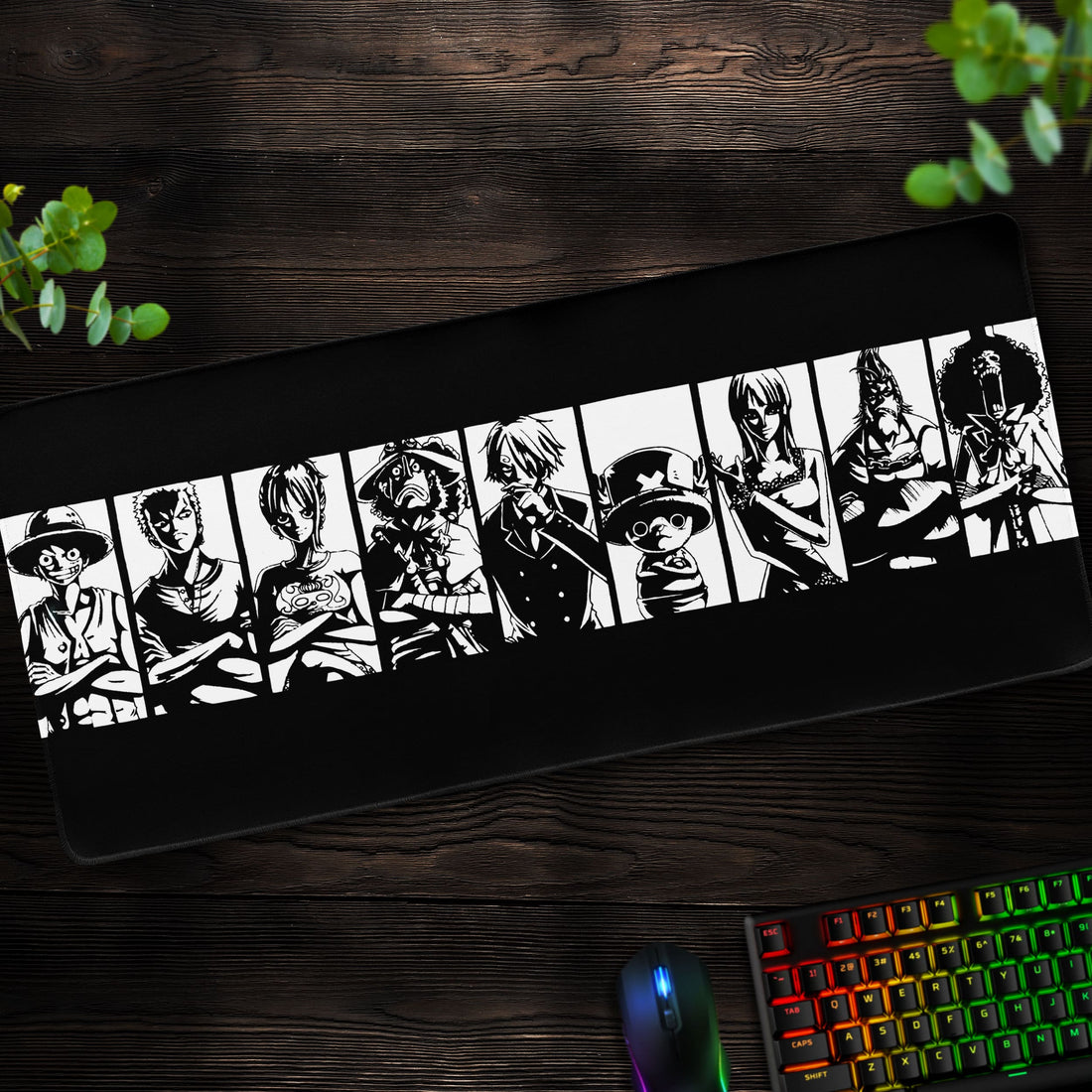 One Piece Straw Hat Crew Desk Mat, Black & White Mouse Pad