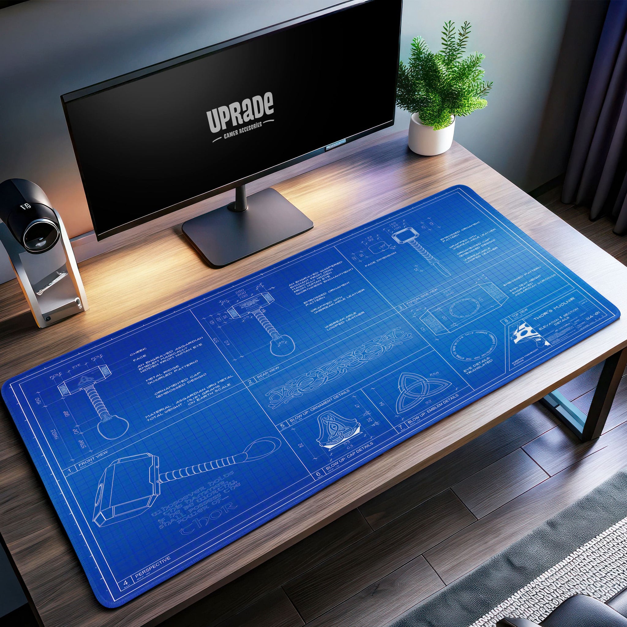 Thor's Hammer Blueprint Desk Mat, Mjolnir Design Mouse Pad