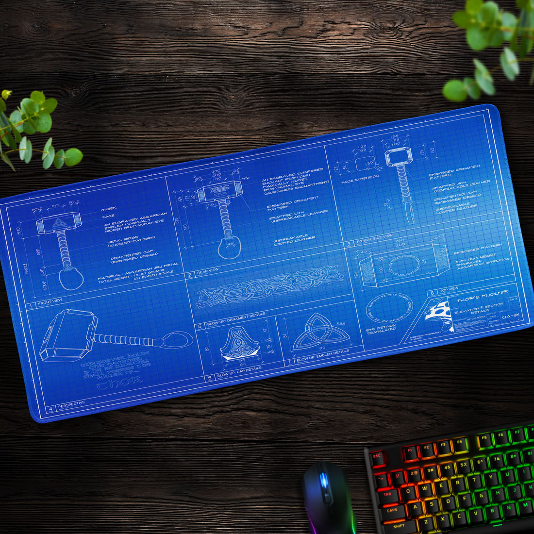 Thor's Hammer Blueprint Desk Mat, Mjolnir Design Mouse Pad