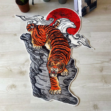 Tiger Rug, Fierce Decorative Carpet with Red Sun Design