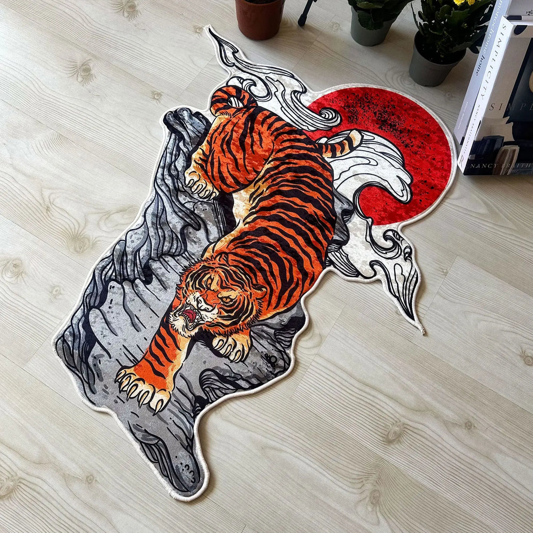 Tiger Rug, Fierce Decorative Carpet with Red Sun Design