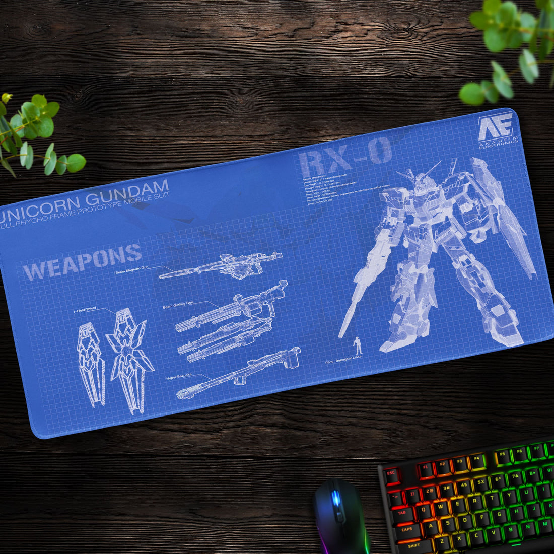 Unicorn Gundam Blueprint Desk Mat, RX-0 Mouse Pad