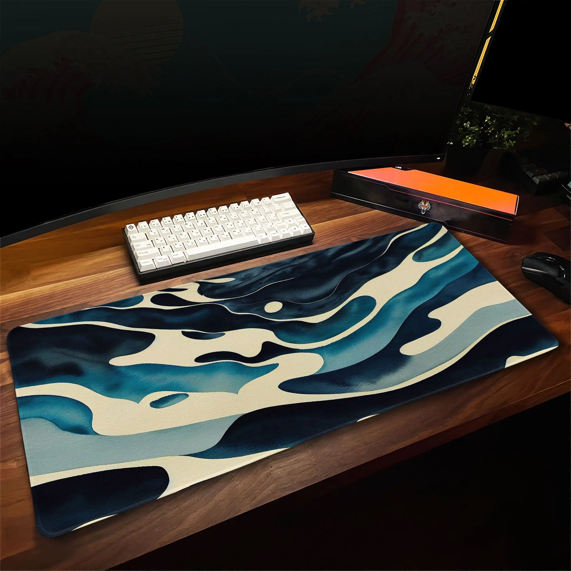 Navy and Cream Abstract Desk Mat, Wave Pattern Mouse Pad - Cocoon Markt