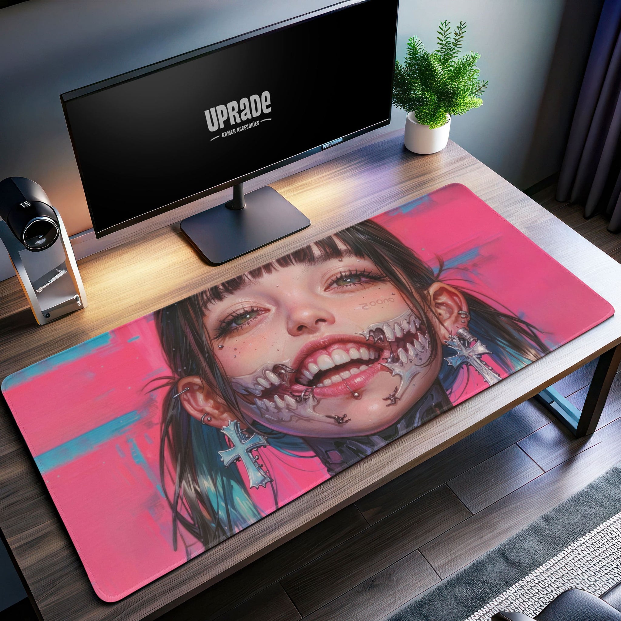 Cyberpunk Skull Smile Desk Mat, Pink Aesthetic Mouse Pad