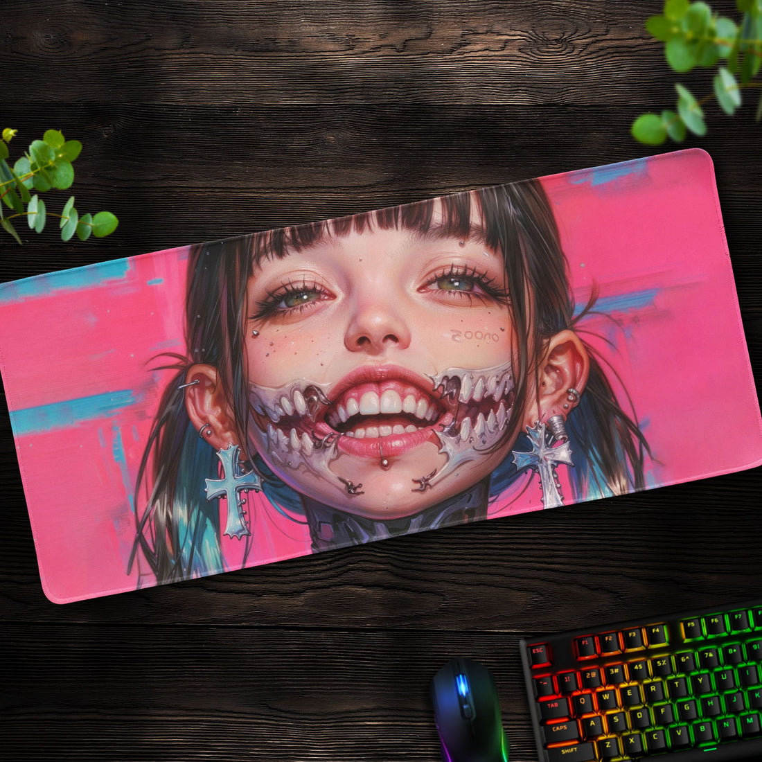 Cyberpunk Skull Smile Desk Mat, Pink Aesthetic Mouse Pad