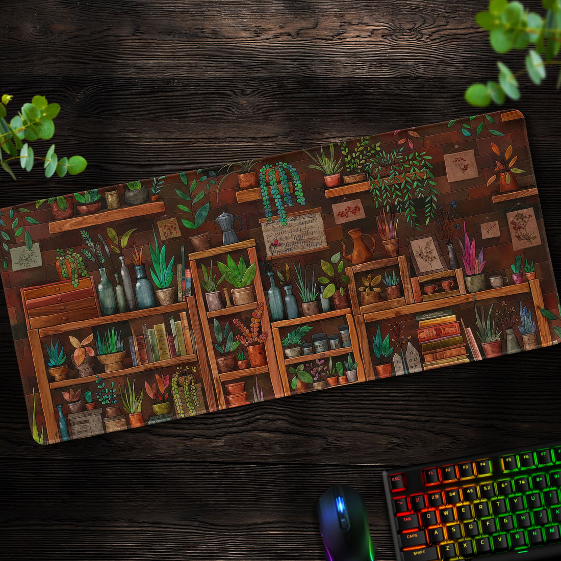 Botanical Library Desk Mat, Cozy Plant Shelf Mouse Pad