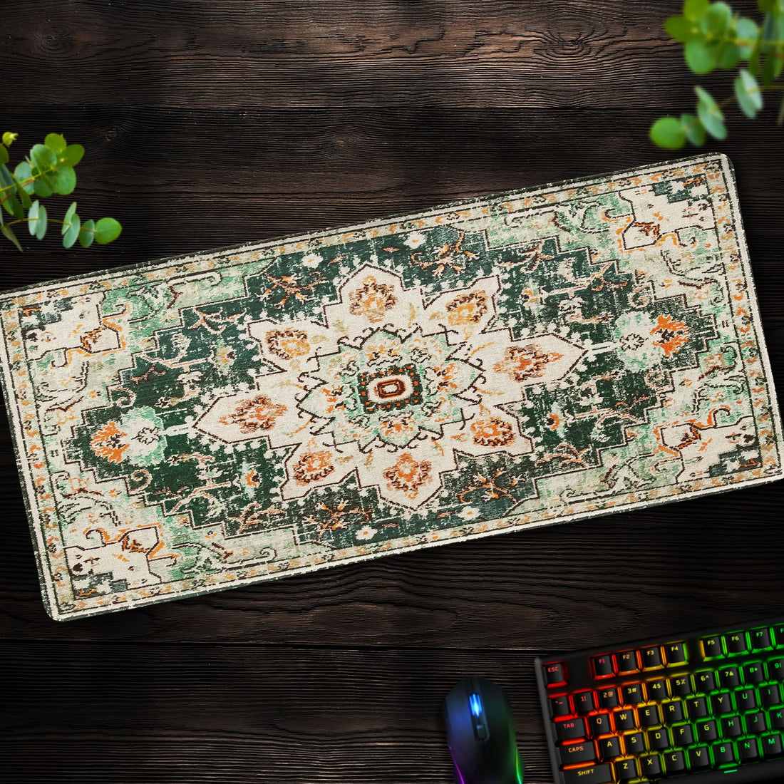 Green Bohemian Starburst Desk Mat, Vintage Rug Mouse Pad - Cocoon Markt